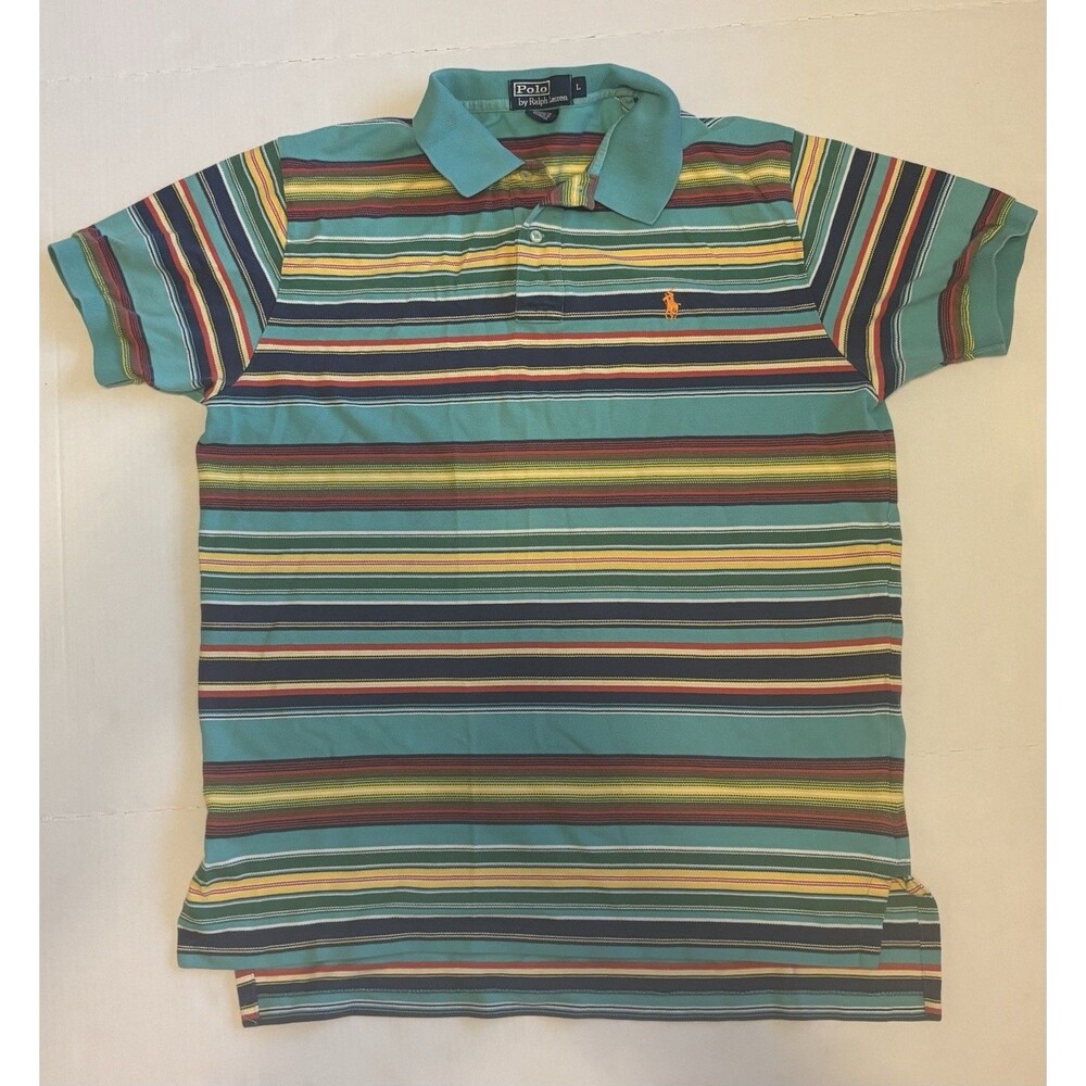 Polo by Ralph Lauren Men’s L Green Multicolor Striped Cotton Knit Polo Pony Polo